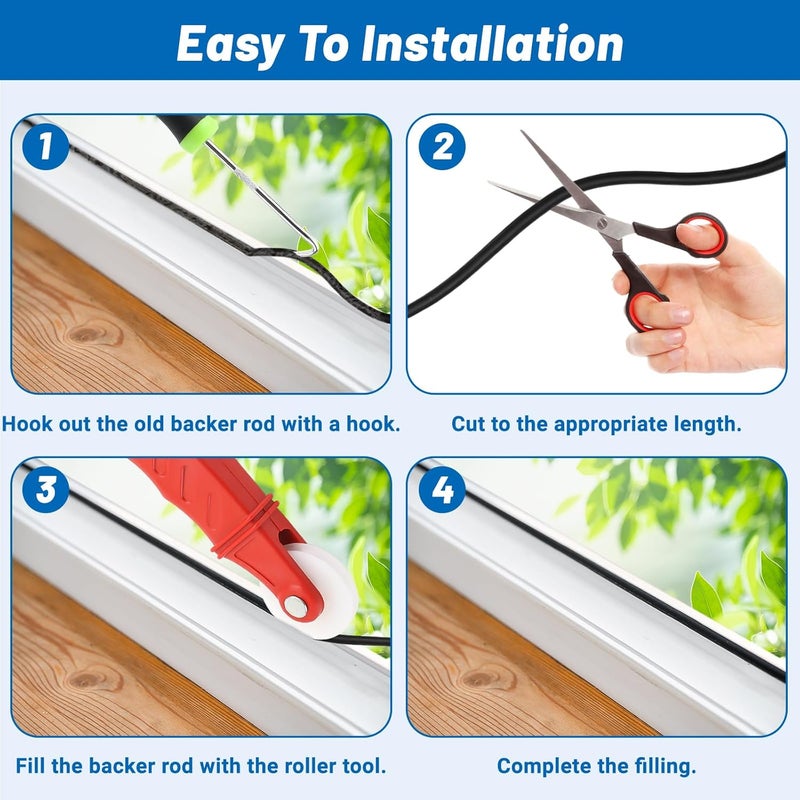 U0U Backer Rod 1/8inch,Backer Rod Kit with Roller Tool,16.4Ft Black Backer Rod Caulk Saver for Installing Door Window Gaps and Joint Concrete Filling (Black, 1/8inch x 16.4feet) - Image 3